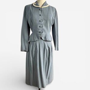 1950s Blue Wool Nipped Waist Suit